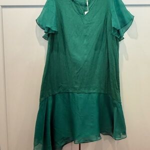 Flowy Green High-Low V-Neck Dress with Ruffle Sleeves